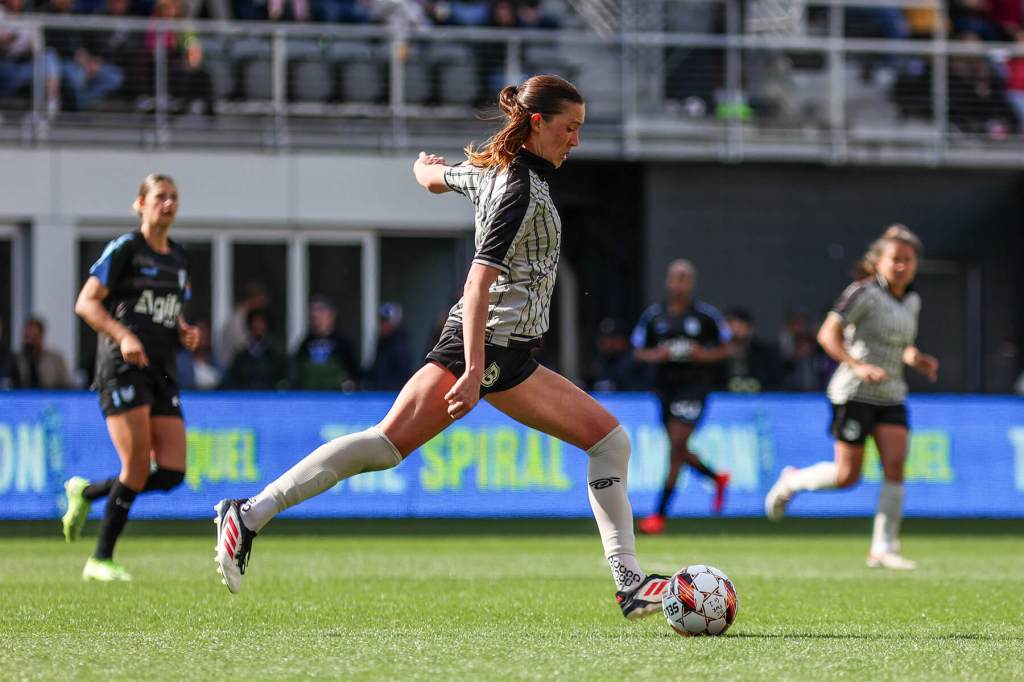 Allison Pantuso winds up to strike the ball against DC Power FC on March 23, 2025