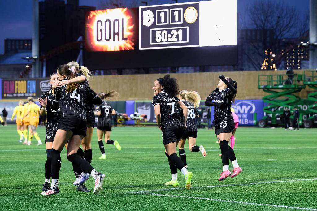Brooklyn FC celebrates a goal on the field during their match against Tampa Bay on March 30, 2025