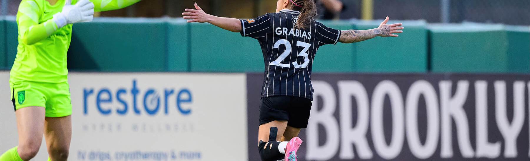 Brooklyn FC forward Luana Grabias celebrates her goal against Lexington on April19, 2025