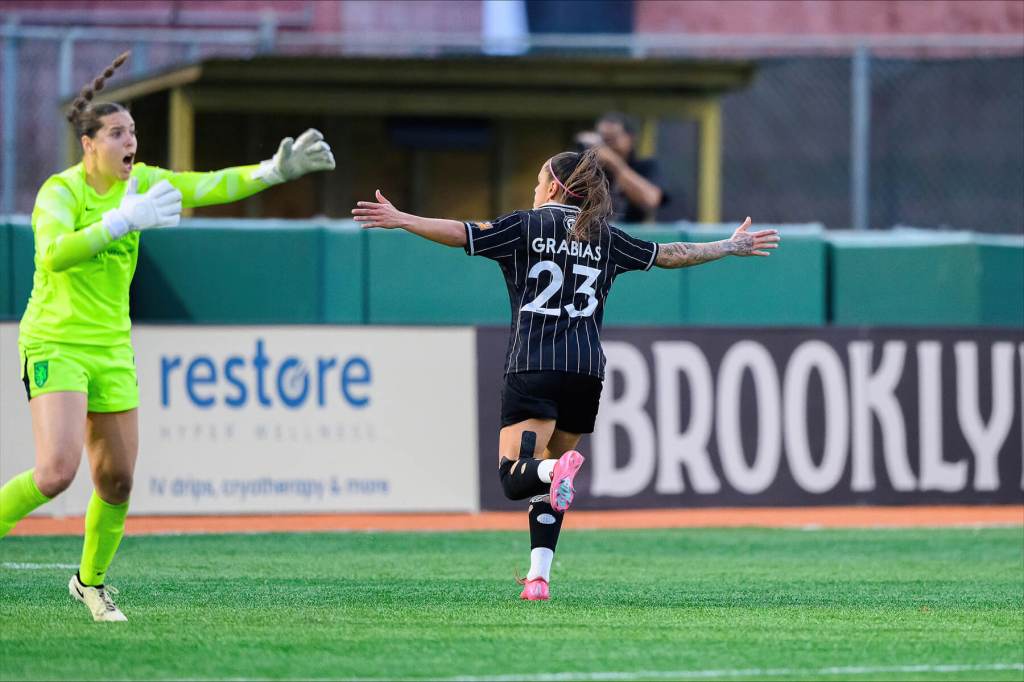 Brooklyn FC forward Luana Grabias celebrates her goal against Lexington on April19, 2025