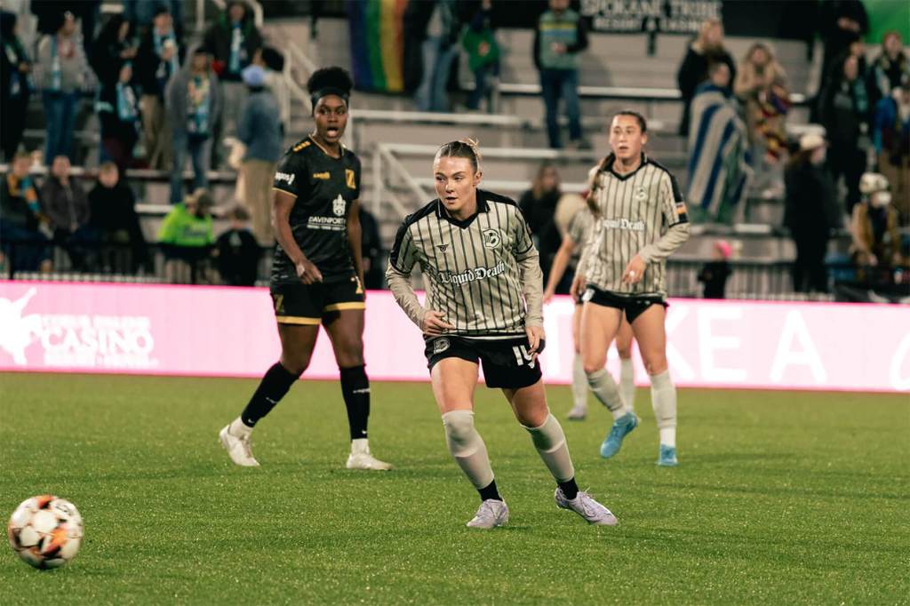Brooklyn FC's Kess Elmore prepares to strike the ball against Spokane Zephyr FC on April 3, 2025