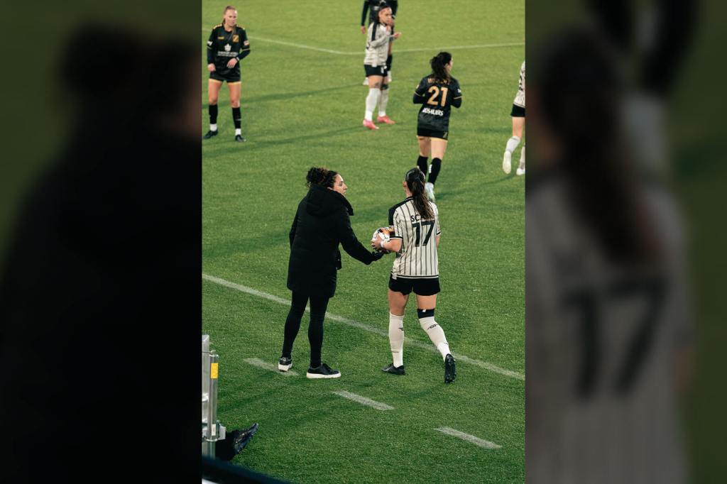 Brooklyn FC's Leah Scarps prepares a throw--in from the sideline against Spokane Zephyr FC on April 3, 2025