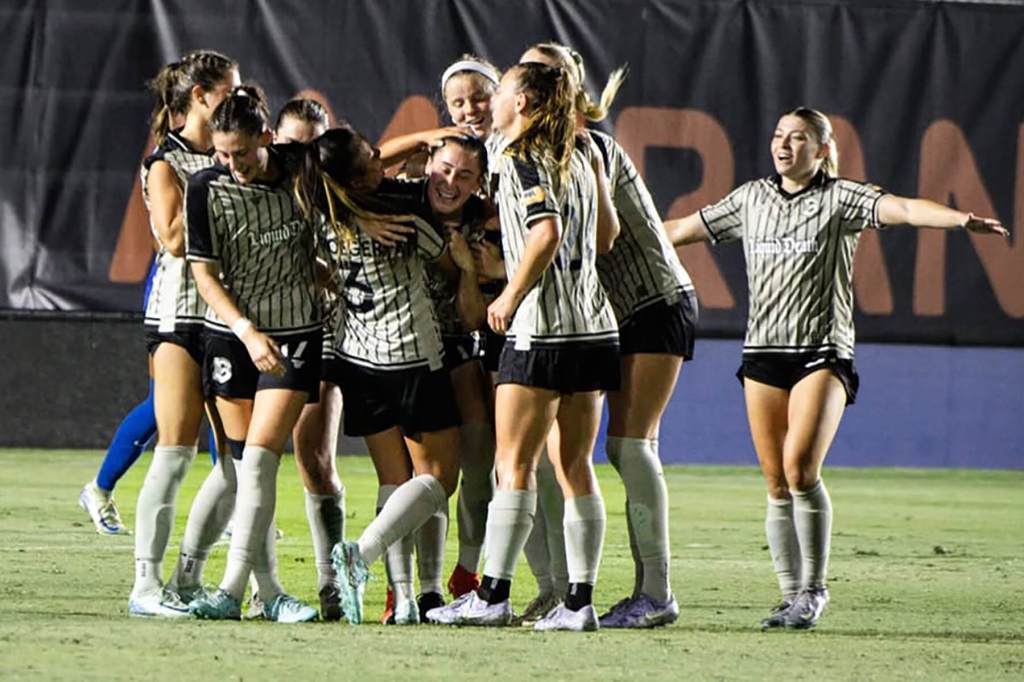 Brooklyn FC players congratulate Hope Breslin after she scored her first goal of the season against Fort Lauderdale on May 3, 2025
