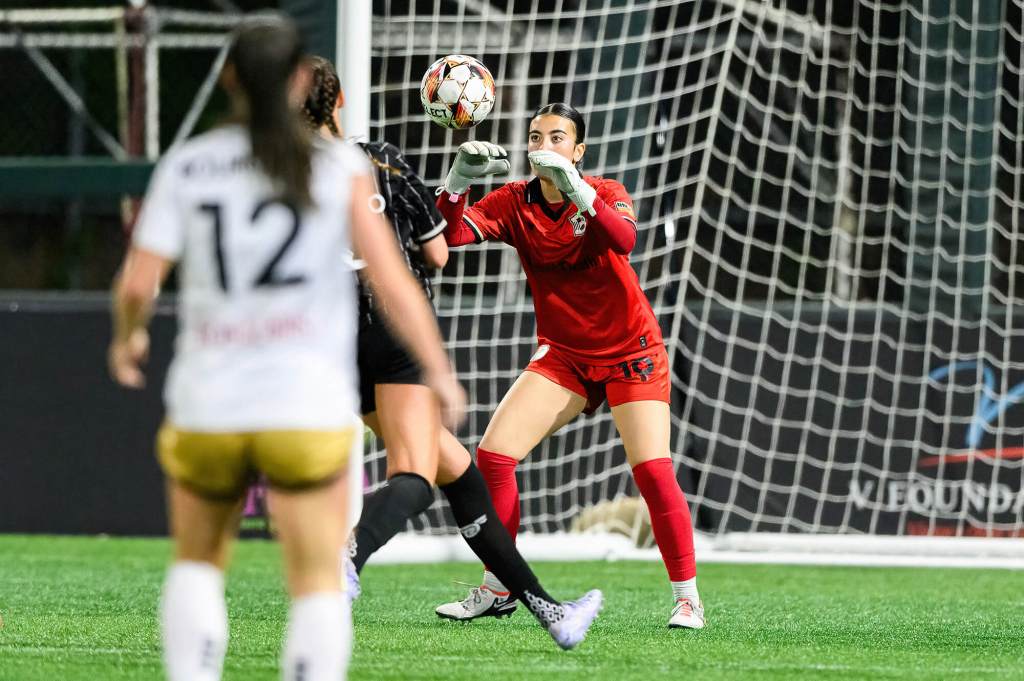 Goalkeeper Neeku Purcell secures the ball during Brooklyn FC's match against Spokane Zephyr on May 10, 2025