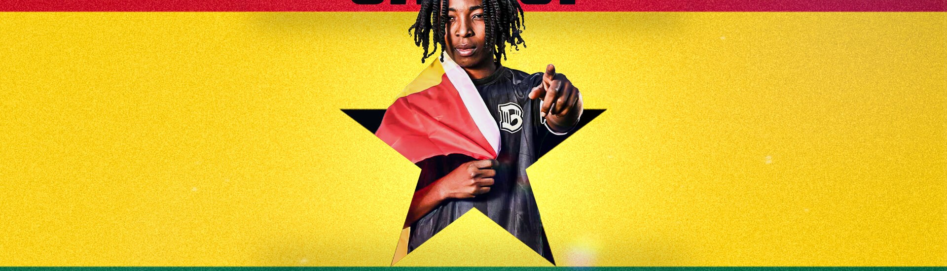 Graphic announcing an international call-up, showing a Brooklyn FC midfielder wrapped in a Ghanaian flag and pointing toward the camera in front of a red, yellow, and green Ghana flag background, with bold text reading ‘International Call Up’ and her name in large letters below.