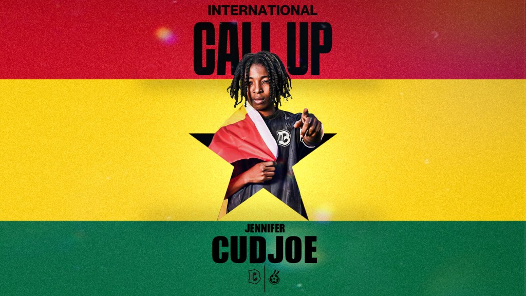 Graphic announcing an international call-up, showing a Brooklyn FC midfielder wrapped in a Ghanaian flag and pointing toward the camera in front of a red, yellow, and green Ghana flag background, with bold text reading ‘International Call Up’ and her name in large letters below.