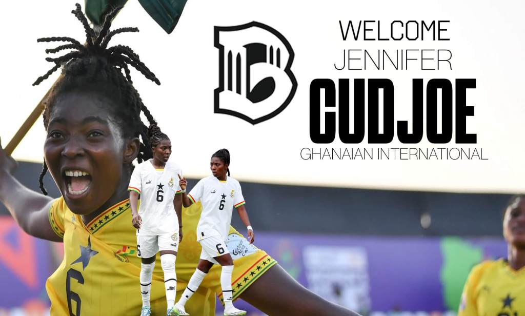 Promotional graphic welcoming a new women’s soccer player. The image shows a player celebrating in a yellow Ghana kit, with two smaller images of the same player in white Ghana kits. The Brooklyn FC logo appears, and the text in the graphic reads “Welcome Jennifer Cudjoe, Ghanaian International.”