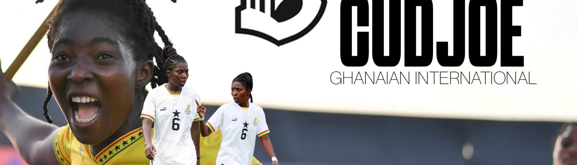 Promotional graphic welcoming a new women’s soccer player. The image shows a player celebrating in a yellow Ghana kit, with two smaller images of the same player in white Ghana kits. The Brooklyn FC logo appears, and the text in the graphic reads “Welcome Jennifer Cudjoe, Ghanaian International.”