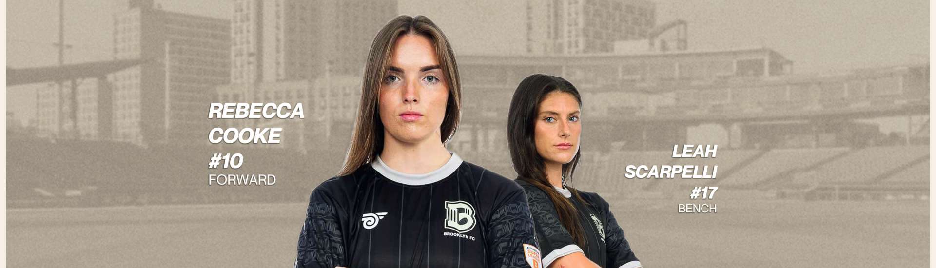 Two Brooklyn FC women’s players stand in front of a neutral city-stadium backdrop with the headline “Team of the Month – September 2025.” The player in front crosses her arms and wears a black Brooklyn FC kit. Text beside her reads “Rebecca Cooke #10 Forward.” Behind her, another player stands with arms crossed; text reads “Leah Scarpelli #17 Bench.” Brooklyn FC and Gainbridge Super League logos appear in the corners.