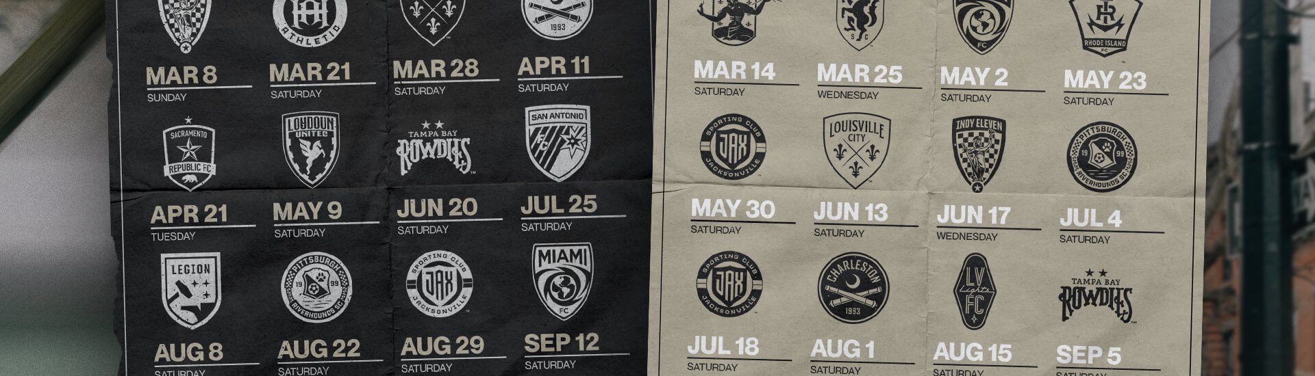 Brooklyn FC 2026 schedule graphic showing USL Championship home and away fixtures with opponent crests (kickoff times TBD)