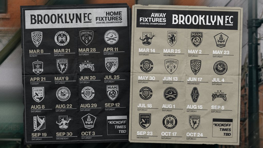 Brooklyn FC 2026 schedule graphic showing USL Championship home and away fixtures with opponent crests (kickoff times TBD)