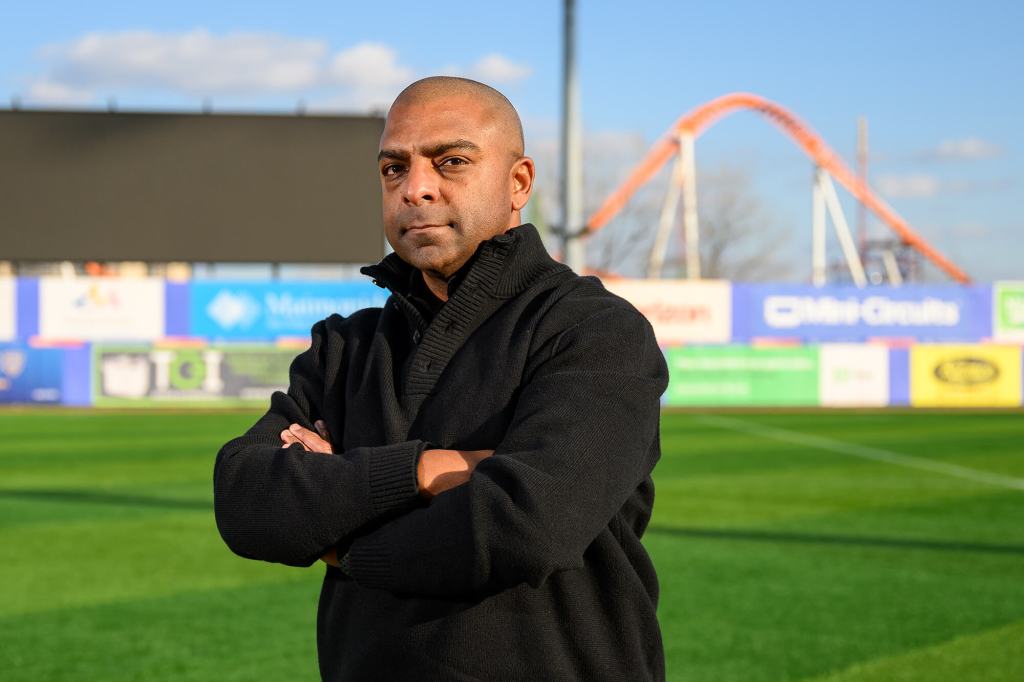 Marlon LeBlanc stands on the field at Maimonides Park on Coney Island, Brooklyn.
