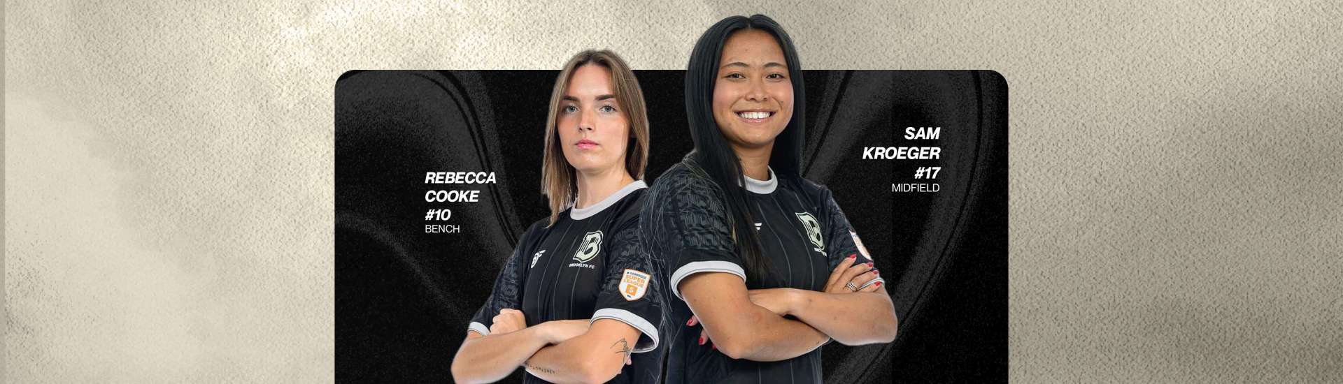 Graphic reading “Team of the Month, November 2025” featuring two Brooklyn FC players in black kits with arms crossed: Rebecca Cooke on the left and Sam Kroeger on the right.