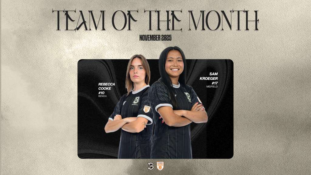 Graphic reading “Team of the Month, November 2025” featuring two Brooklyn FC players in black kits with arms crossed: Rebecca Cooke on the left and Sam Kroeger on the right.