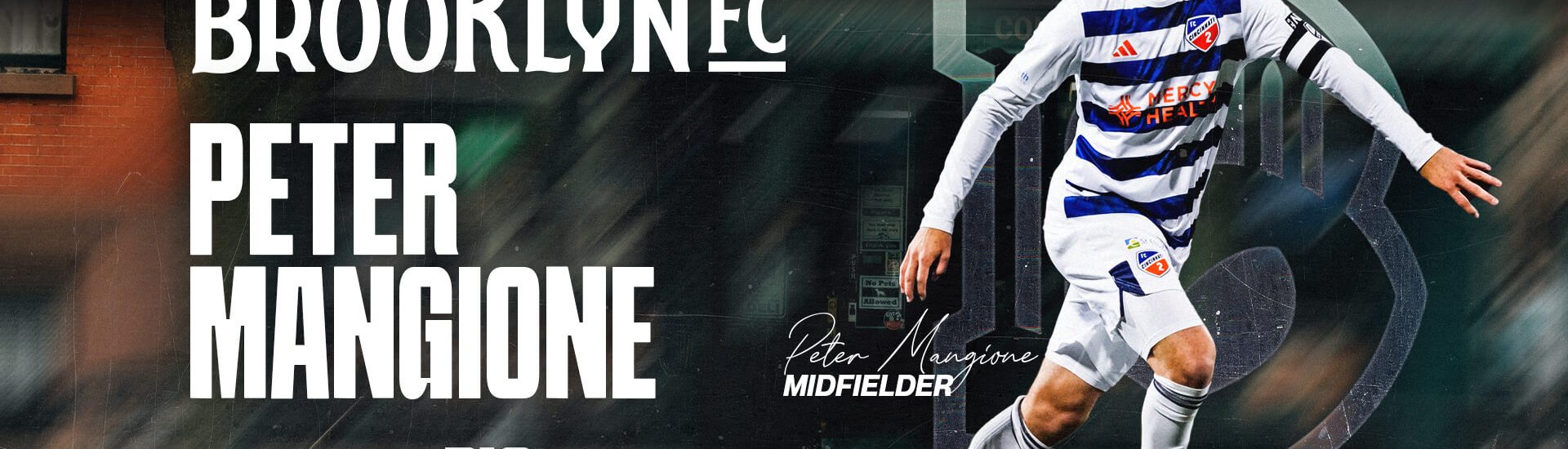 Brooklyn FC signing graphic featuring midfielder Peter Mangione in a white-and-blue striped kit with text reading “Welcome to Brooklyn FC” and “Peter Mangione.”