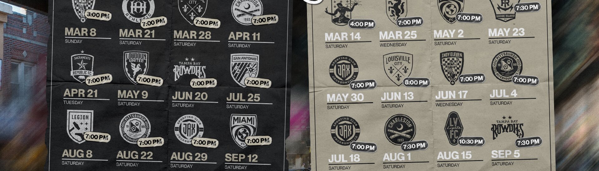 Brooklyn FC graphic showing 2026 match kickoff times for home and away USL fixtures, displayed as two schedule panels with opponent logos and dates.