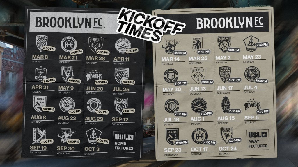 Brooklyn FC graphic showing 2026 match kickoff times for home and away USL fixtures, displayed as two schedule panels with opponent logos and dates.