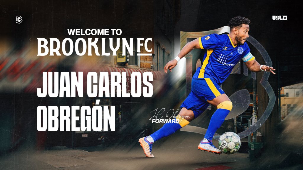 Juan Carlos “JC” Obregón controls the ball in action, wearing a blue and yellow kit in a Brooklyn FC welcome graphic announcing his signing.