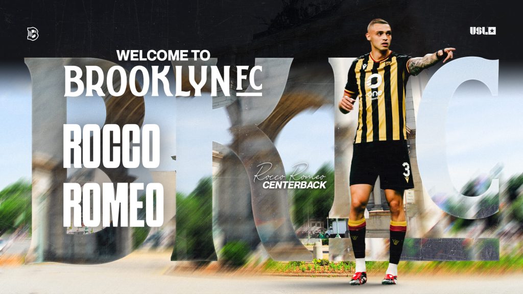 Rocco Romeo points upfield during a match, wearing a black and gold kit, in a Brooklyn FC welcome graphic.