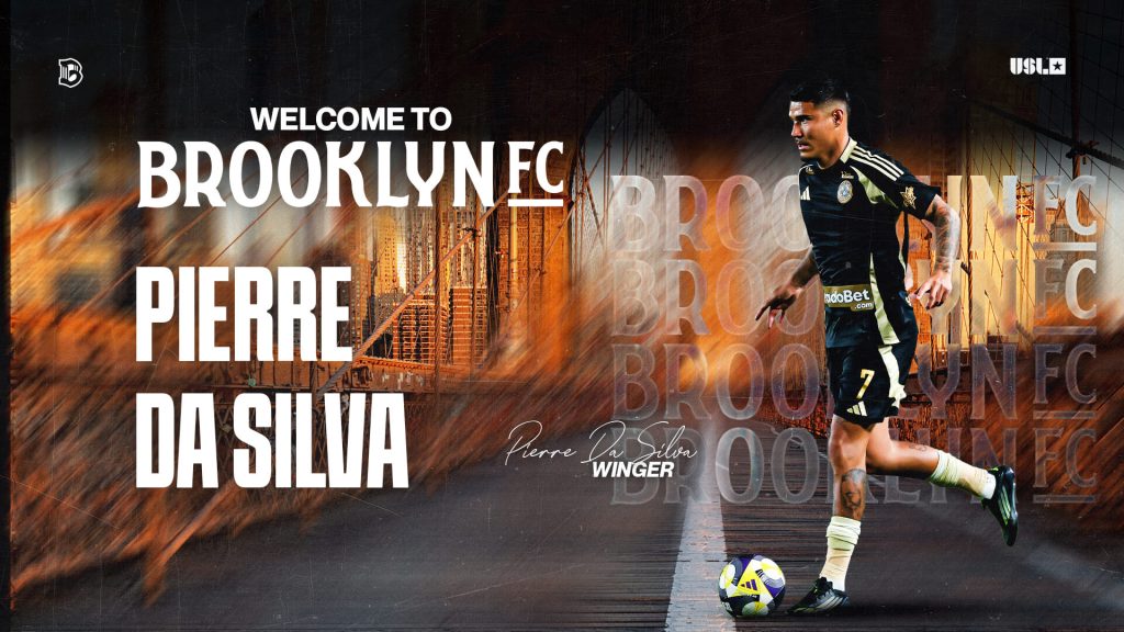 Pierre Da Silva in a Brooklyn FC kit dribbles a soccer ball in a stylized welcome graphic featuring the Brooklyn Bridge and New York City skyline.