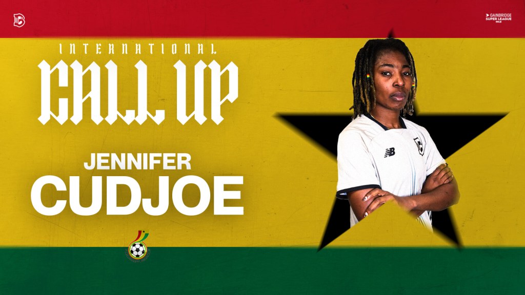 Jennifer Cudjoe stands with arms crossed in a Brooklyn FC jersey, set against a Ghana flag graphic.