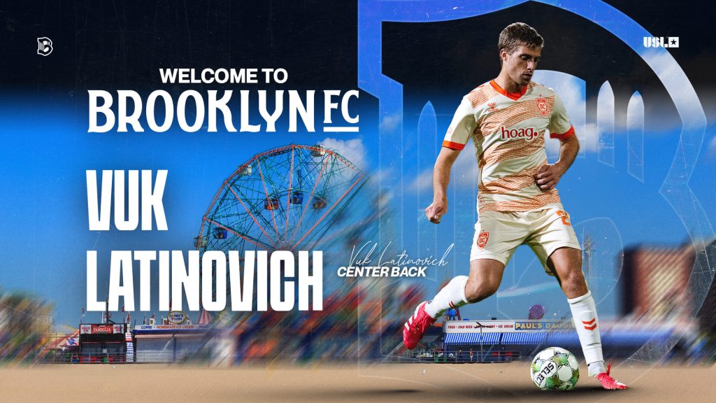 Vuk Latinovich dribbles the ball during a match as he is announced as a Brooklyn FC signing