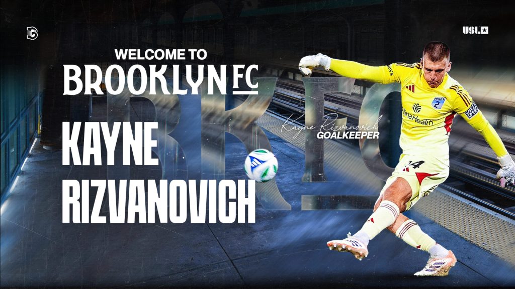 Kayne Rizvanovich kicks the ball in a yellow goalkeeper kit during a match, featured in a Brooklyn FC welcome graphic.