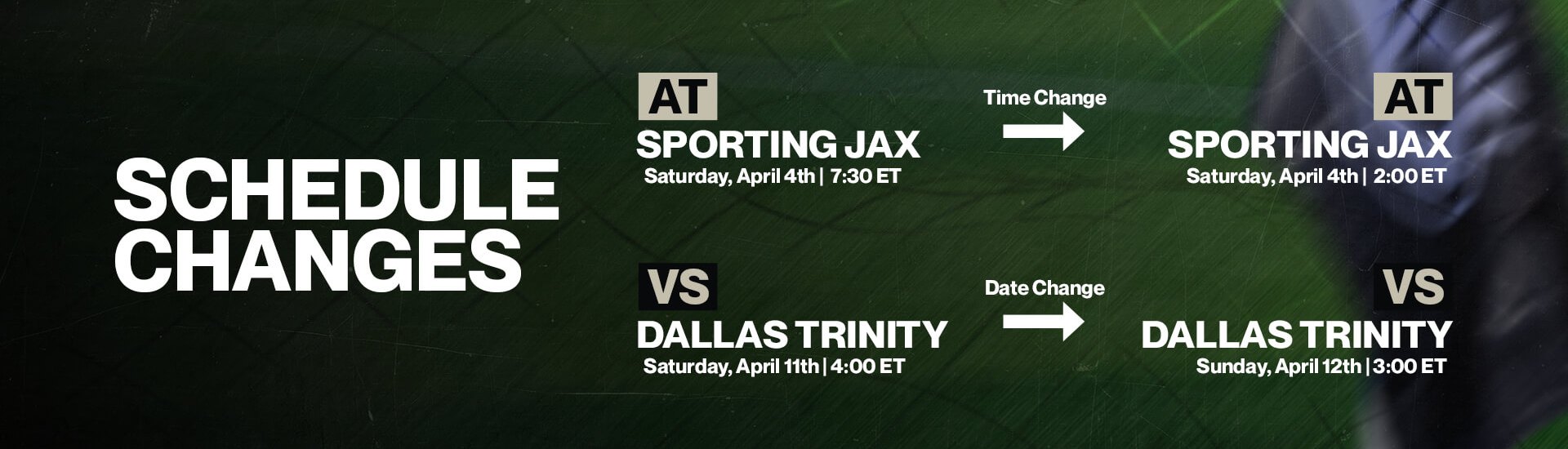 Graphic listing Brooklyn FC women’s 2026 spring schedule changes, including updated dates and kickoff times for matches against DC Power FC, Sporting JAX, Dallas Trinity FC, and.