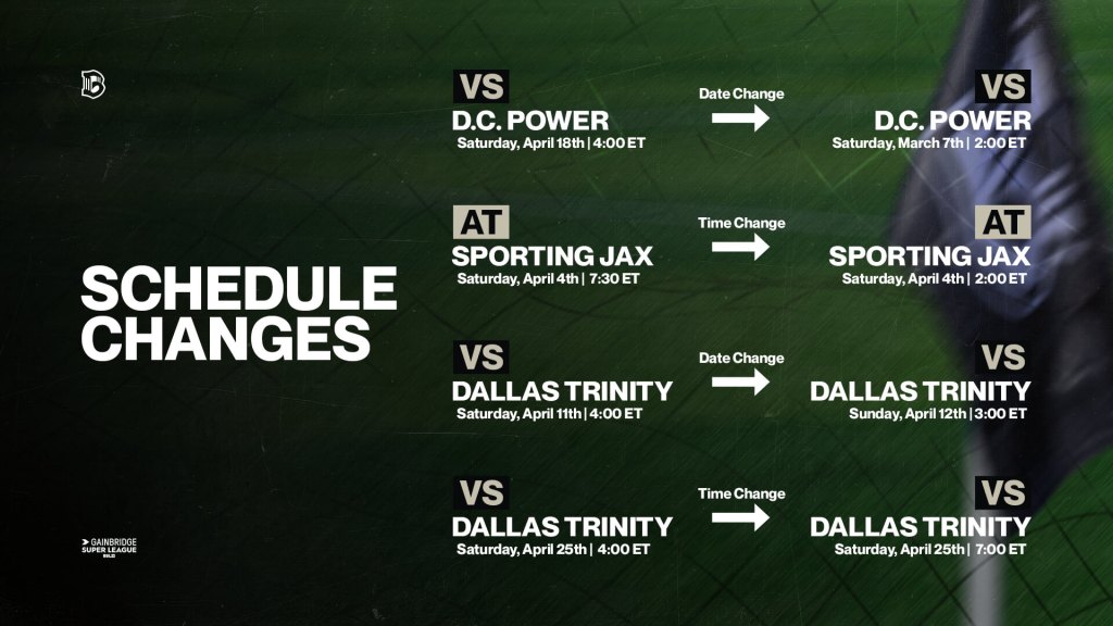 Graphic listing Brooklyn FC women’s 2026 spring schedule changes, including updated dates and kickoff times for matches against DC Power FC, Sporting JAX, Dallas Trinity FC, and.