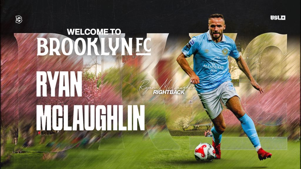 Ryan McLaughlin controls the ball during a match in a light blue kit, featured in a Brooklyn FC welcome graphic.