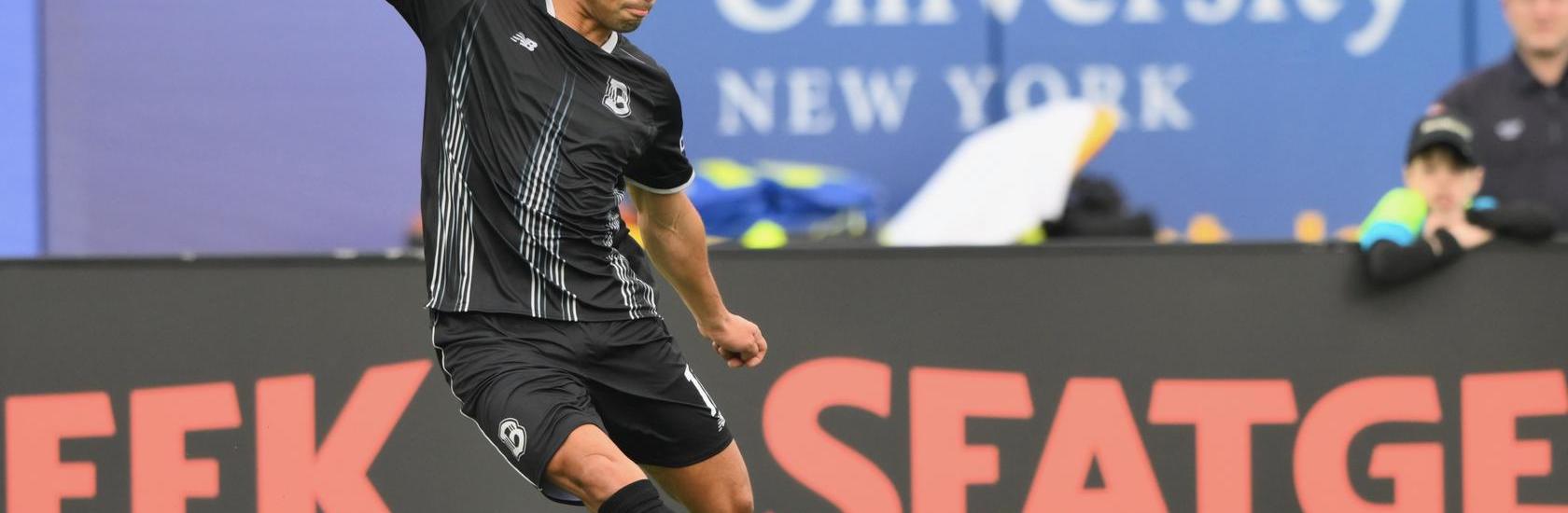 Jaden Servania of Brooklyn FC strikes the ball during a match at Maimonides Park.