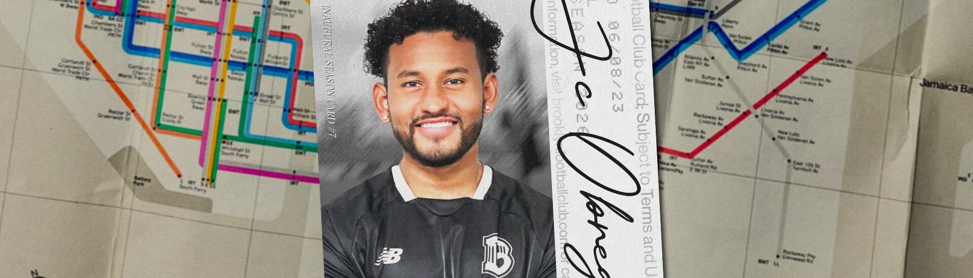 Graphic of a Brooklyn FC Team of the Week card featuring Juan Carlos Obregón over a New York City subway map background.