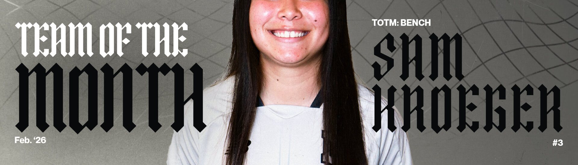 Sam Kroeger smiles in a Brooklyn FC kit in a graphic announcing her selection to the Gainbridge Super League Team of the Month bench for February 2026.