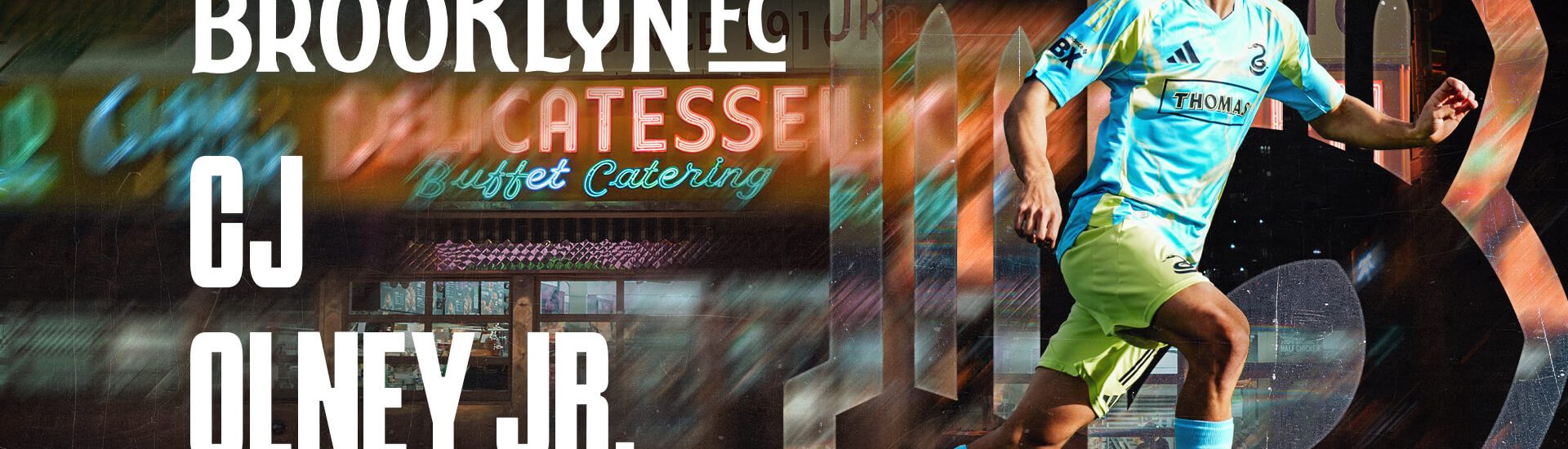 CJ Olney Jr. controls the ball in a Brooklyn FC welcome graphic announcing his loan move from the Philadelphia Union.