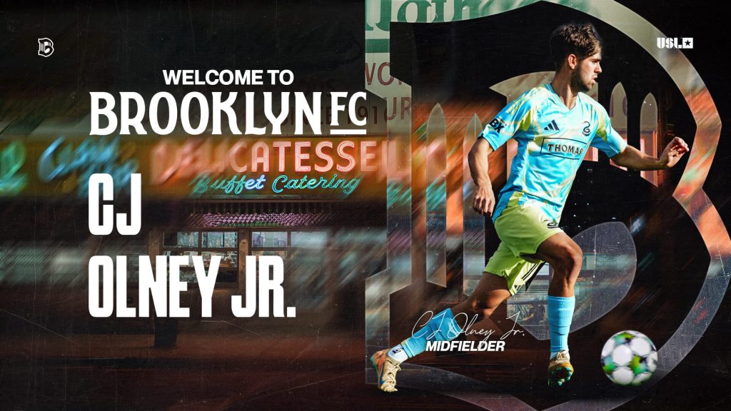 CJ Olney Jr. controls the ball in a Brooklyn FC welcome graphic announcing his loan move from the Philadelphia Union.