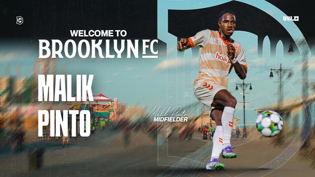 Malik Pinto controls the ball in a Brooklyn FC welcome graphic featuring the Coney Island boardwalk background.
