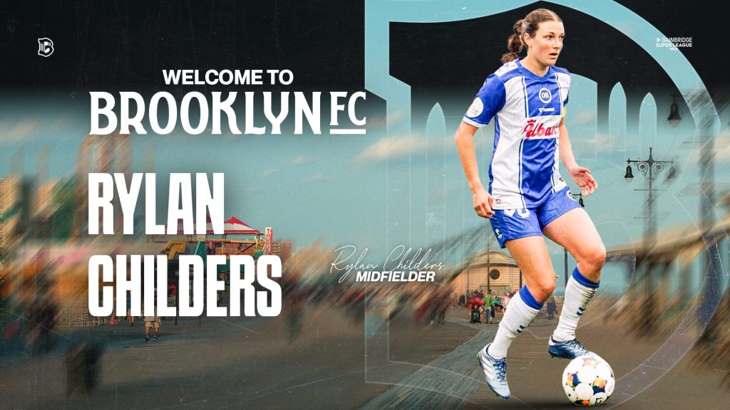 Rylan Childers dribbles the ball in a Brooklyn FC welcome graphic featuring the Coney Island boardwalk.