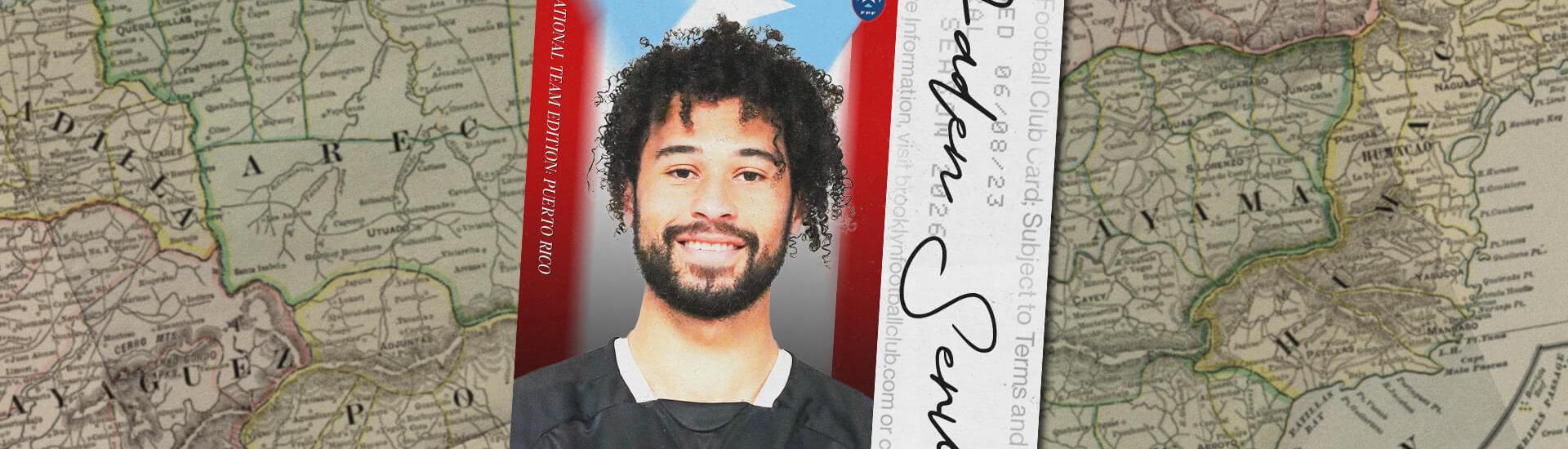 Graphic showing Brooklyn FC midfielder Jaden Servania after being called up to the Puerto Rico National Team, with a Puerto Rico map background and international call-up card design.
