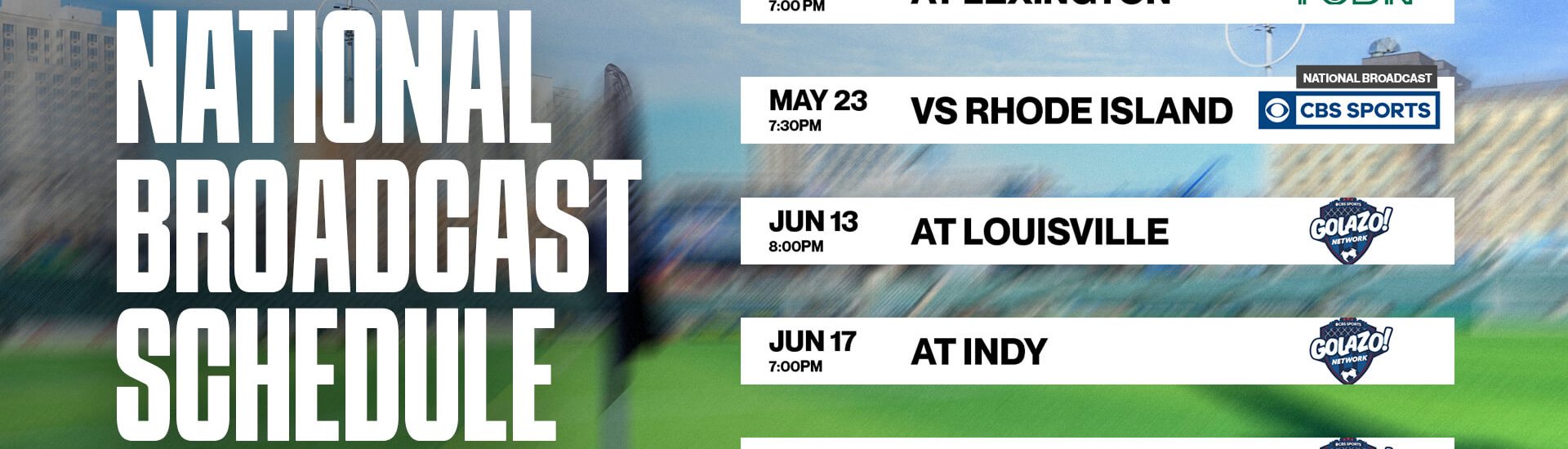 Graphic showing Brooklyn FC Men’s 2026 national broadcast schedule, including matches against Lexington SC, Rhode Island FC, Louisville City FC, Indy Eleven, and Las Vegas Lights FC