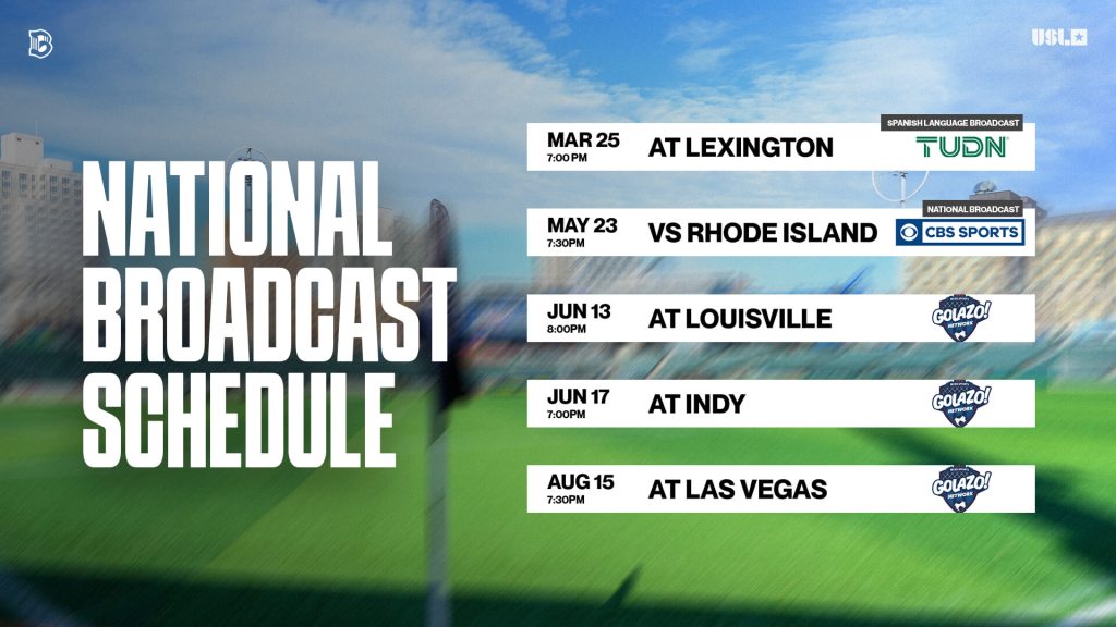 Graphic showing Brooklyn FC Men’s 2026 national broadcast schedule, including matches against Lexington SC, Rhode Island FC, Louisville City FC, Indy Eleven, and Las Vegas Lights FC