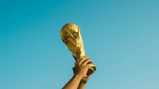 Someone holding the FIFA World Cup trophy to the sky